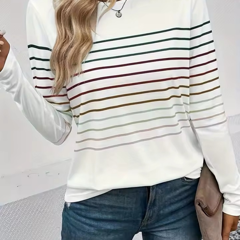 SHEIN White Long-Sleeve Top with Green, Burgundy & Mauve Stripes